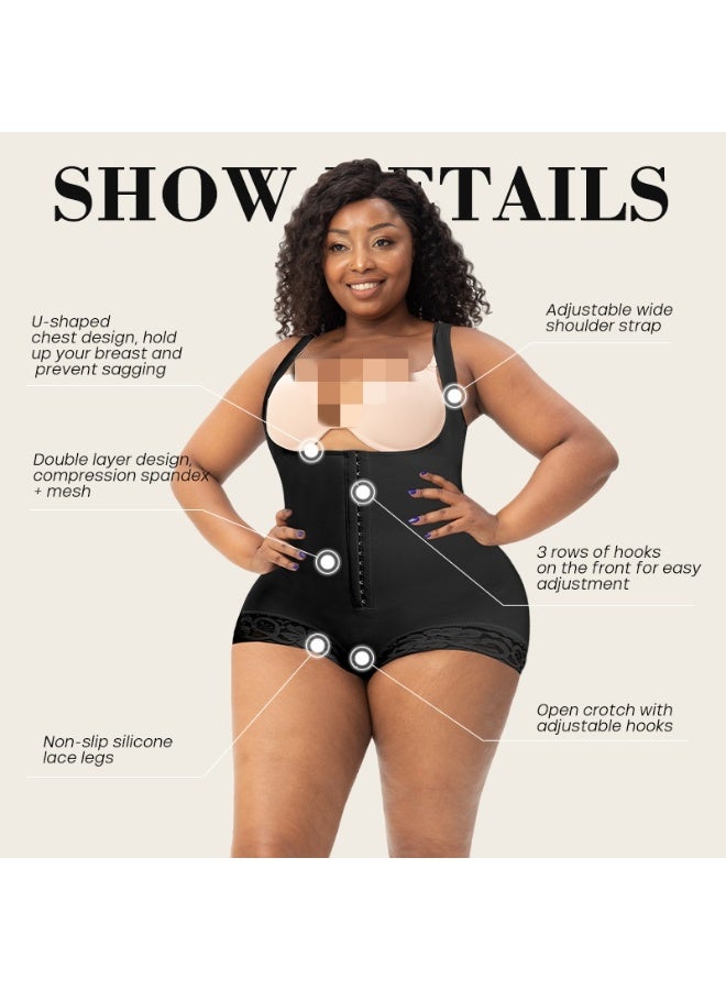 Stretch Mesh and Lace Body-Slimming Bodysuit with Buttoned Straps and Tightening Straps - Image 4