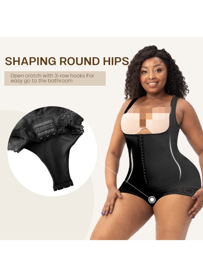 Stretch Mesh and Lace Body-Slimming Bodysuit with Buttoned Straps and Tightening Straps - Image 2