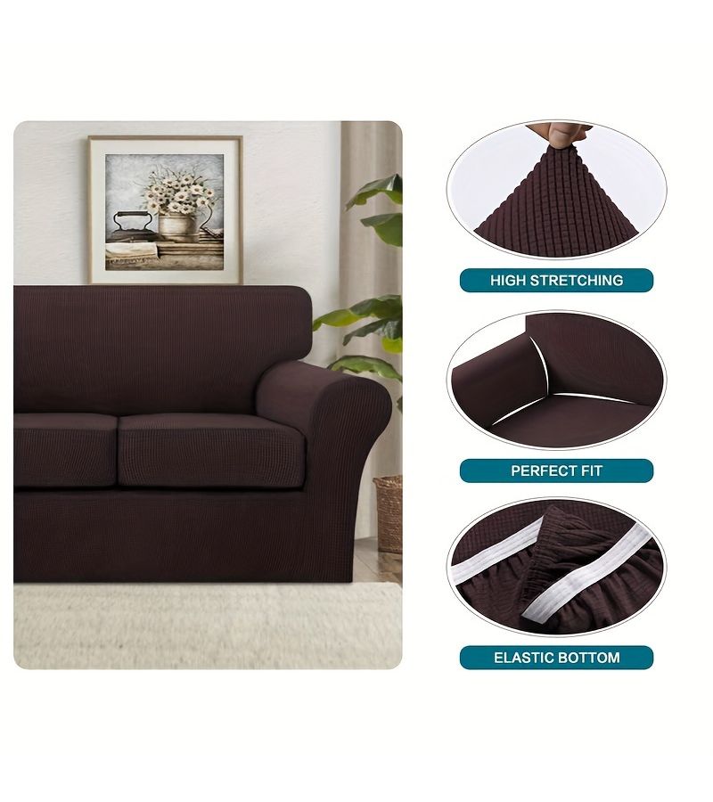 Elastic Sofa Cover Dark Coffee For 3 Cushion Couch Thickened Non-Slip Detachable Furniture Protector - Image 4
