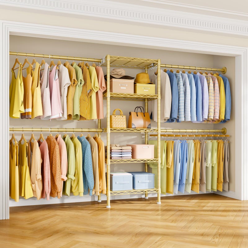 Ulif M2 Wall-Mounted Clothes Rack, Metal Closet System with 4 Expandable Hanger Rods and 5 Metal Shelves, Mount-on-Wall Clothing Storage Organizer in (70.8-102.3)" L x 14.5" D x 71.2" H, Gold - Image 1