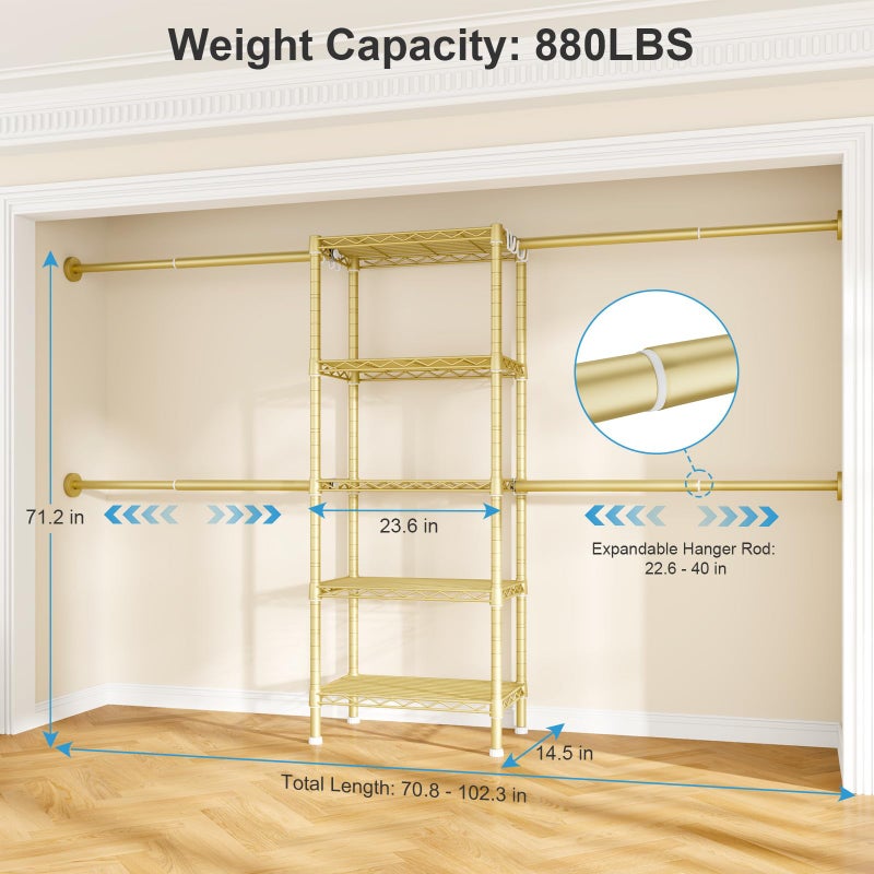 Ulif M2 Wall-Mounted Clothes Rack, Metal Closet System with 4 Expandable Hanger Rods and 5 Metal Shelves, Mount-on-Wall Clothing Storage Organizer in (70.8-102.3)" L x 14.5" D x 71.2" H, Gold - Image 2