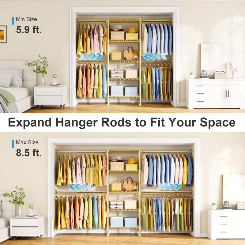 Ulif M2 Wall-Mounted Clothes Rack, Metal Closet System with 4 Expandable Hanger Rods and 5 Metal Shelves, Mount-on-Wall Clothing Storage Organizer in (70.8-102.3)" L x 14.5" D x 71.2" H, Gold - Image 3