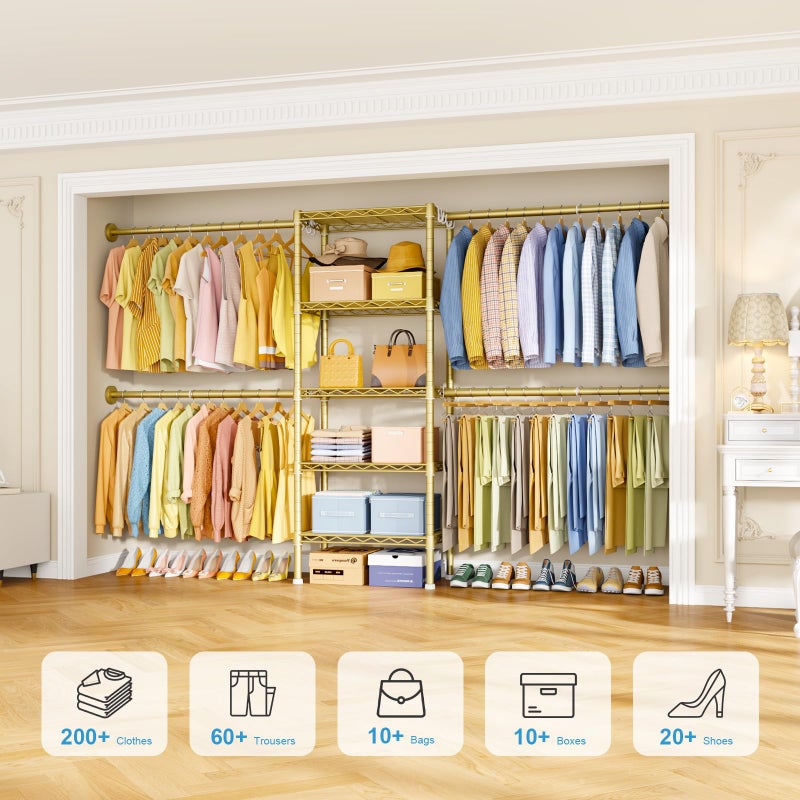 Ulif M2 Wall-Mounted Clothes Rack, Metal Closet System with 4 Expandable Hanger Rods and 5 Metal Shelves, Mount-on-Wall Clothing Storage Organizer in (70.8-102.3)" L x 14.5" D x 71.2" H, Gold - Image 4