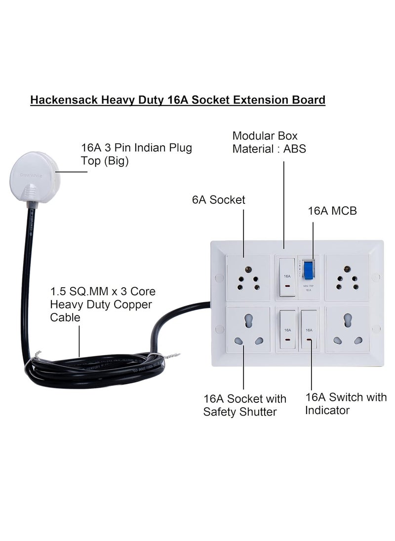 HACKENSACK Hackensack Extension Board Two 16A Two 6A Socket 3 Switch 16A and 16A MCB Polycarbonate Long 15 SQMM x 3 Core Heavy Duty 5 Meter Wire Cable with 15 Amp 3 Pin Plug White  - Image 3