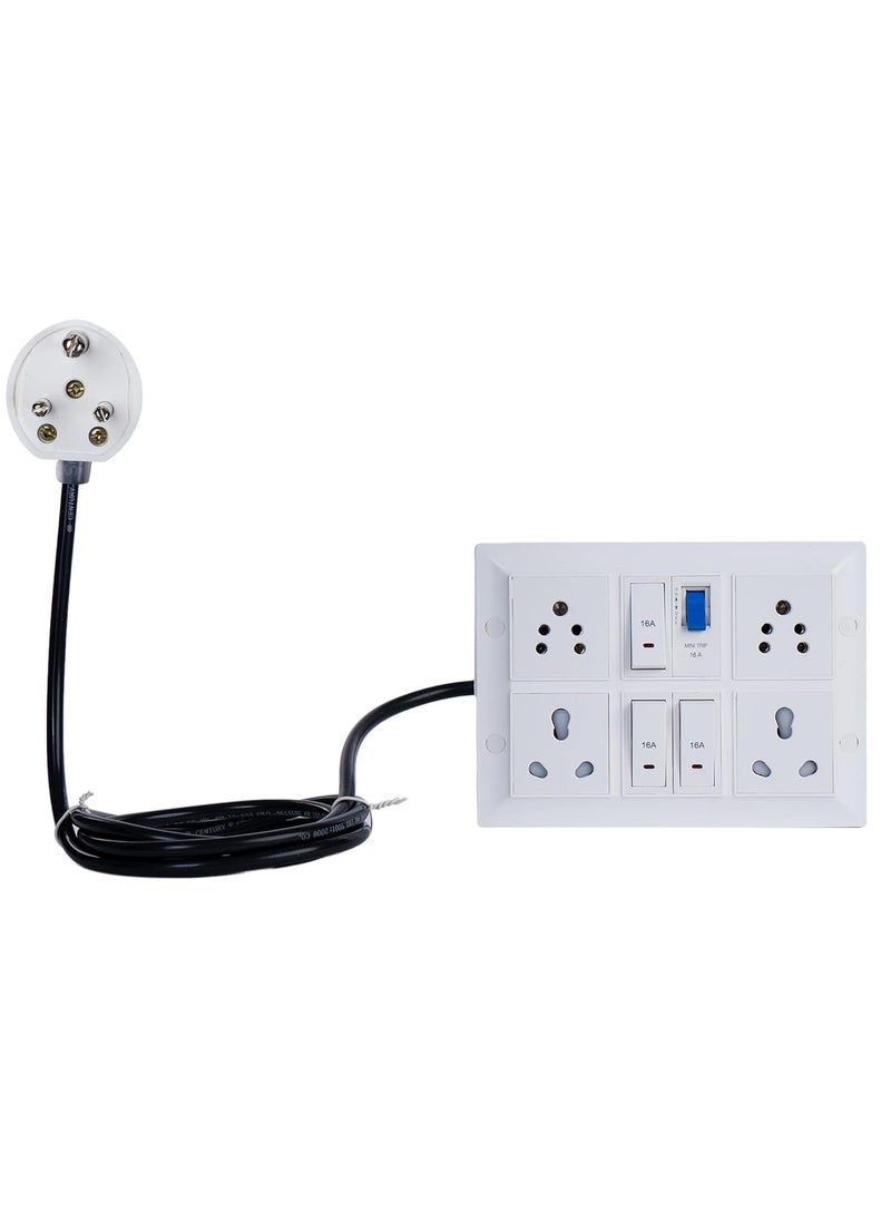 HACKENSACK Hackensack Extension Board Two 16A Two 6A Socket 3 Switch 16A and 16A MCB Polycarbonate Long 15 SQMM x 3 Core Heavy Duty 5 Meter Wire Cable with 15 Amp 3 Pin Plug White  - Image 1
