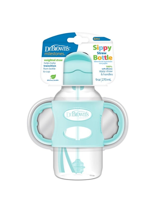 Dr. Brown's Dr. Brown's Milestones Wide-Neck Sippy Straw Bottle with 100% Silicone Handles and Weighted Straw, 9 oz/270 mL, Green, 6m+  - Image 3