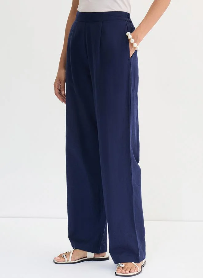 Femmella Navy Blue Cotton Linen Straight Pants