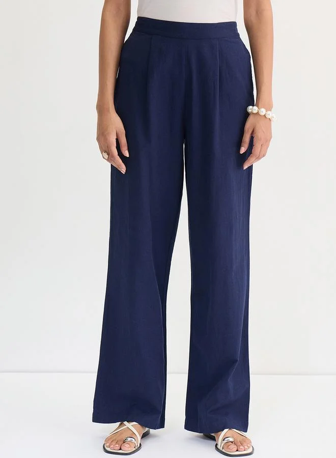 Femmella Navy Blue Cotton Linen Straight Pants