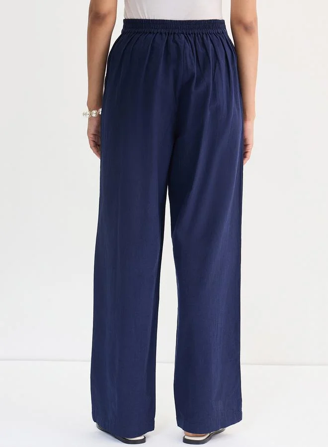 Femmella Navy Blue Cotton Linen Straight Pants