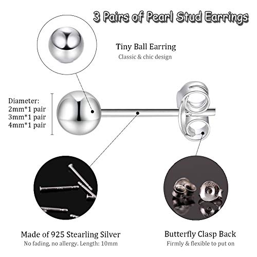 EPIRORA Sterling Silver Stud Earrings for Women- 3 Pairs Tiny Ball Stud Earrings Round CZ Cubic Zirconia Earrings Pearl Earrings Set Cartilage Small Tragus Earrings(2mm,3mm,4mm) - Image 2