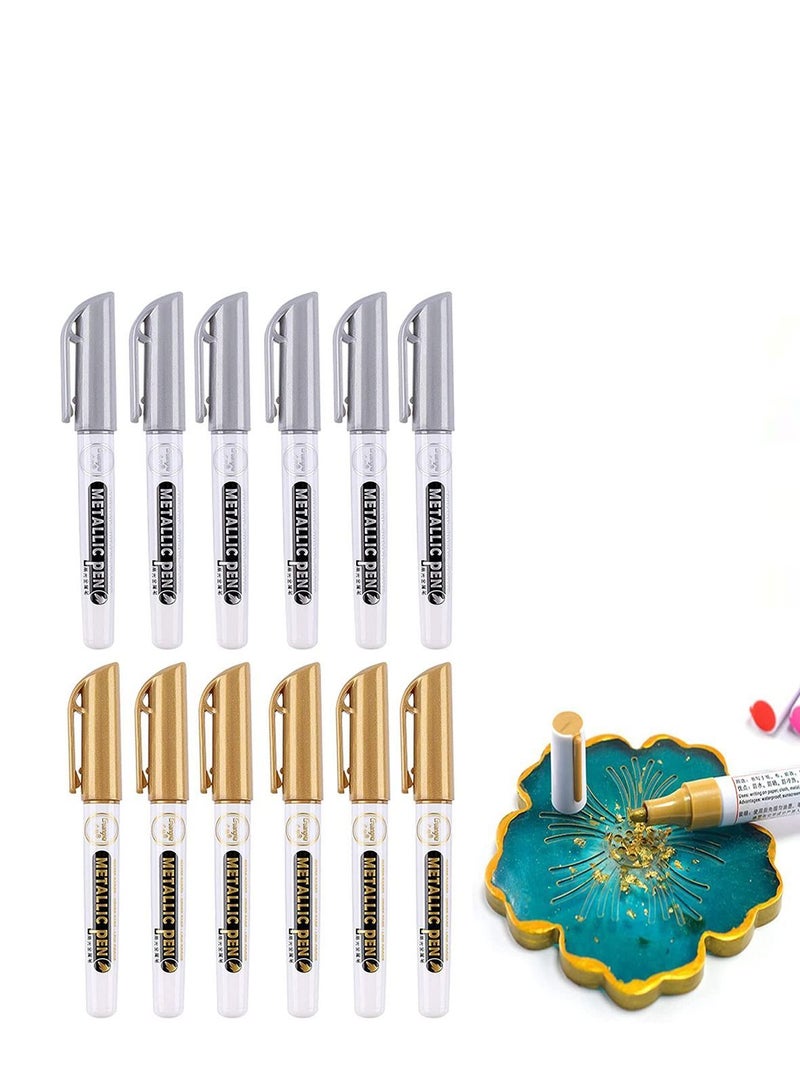 Metallic Markers Pens Gold Silver Acrylic Set Waterproof Resin Epoxy Paint for Paper Painting Scrapbooking Crafts Card Making Ceramics Photo Al Ceramic Glass DIY Craft 12PCS - Image 1