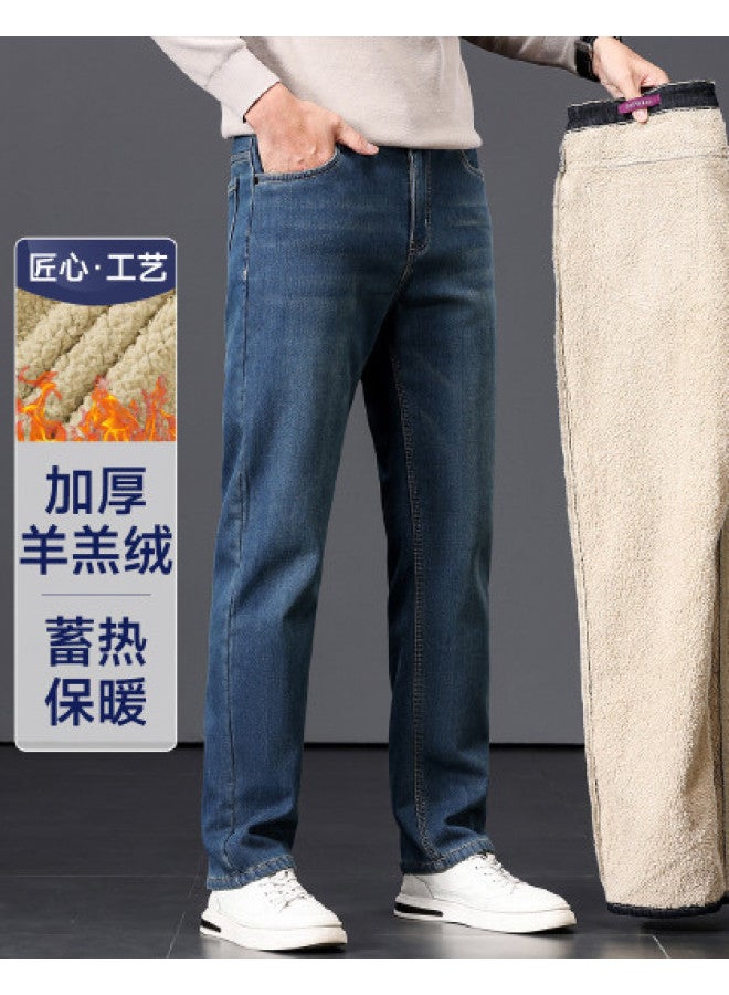 Fapai Winter Fleece Lined Jeans Warm Straight Leg Loose Stretch Pants - Image 1