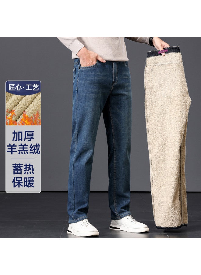 Fapai Winter Fleece Lined Jeans Warm Straight Leg Loose Stretch Pants - Image 2