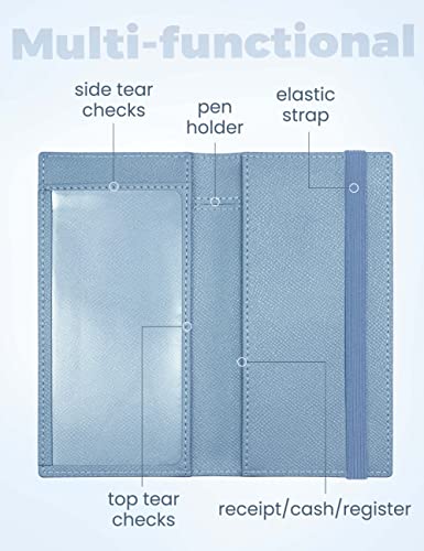 Yarnic Checkbook Cover for Personal Checkbook, Checkbook Holder with Pen Holder & Built-in Clear Plastic Divider for Duplicate Checks (Grey Blue) - Image 2