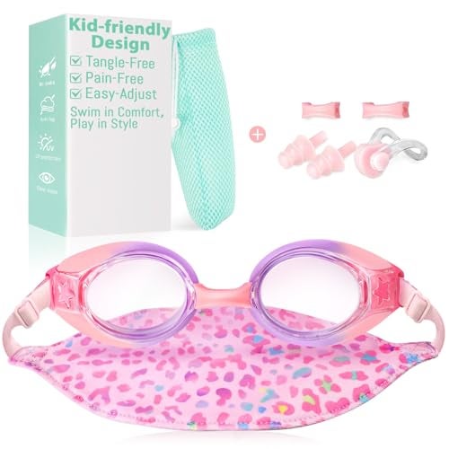 Pixel Panda Kids Goggles with Fabric Strap for 3-14, No Hair Pulling, Kids Swim Goggles for Boys Girls Toddler, Ideal for Swim Class, Pink-purple - Image 1