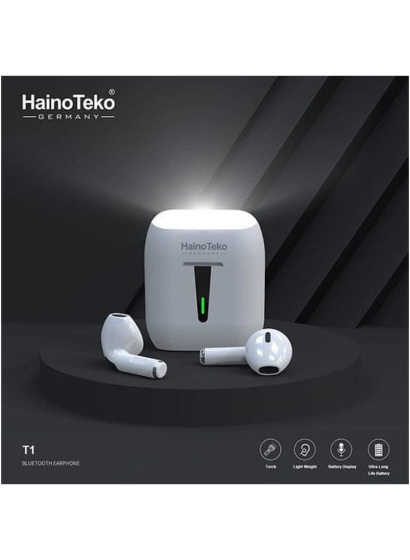 Haino Teko Germany T1 Wireless Earbuds, With good Sound, Easy to wear, Lightweight and Comfortable, Intuitive Touch Controls,Long Battery Life And Portable Charging Case (White) Colour. - Image 1