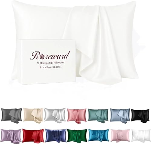 ROSEWARD White Silk Pillow Cases King with Zipper Made in USA Real 22 Momme Mulberry Silk Pillowcase for Hair and Skin Premium Pillow Cover 100 Organic Anti Acne 1 Pc 20x36 King White - Image 1