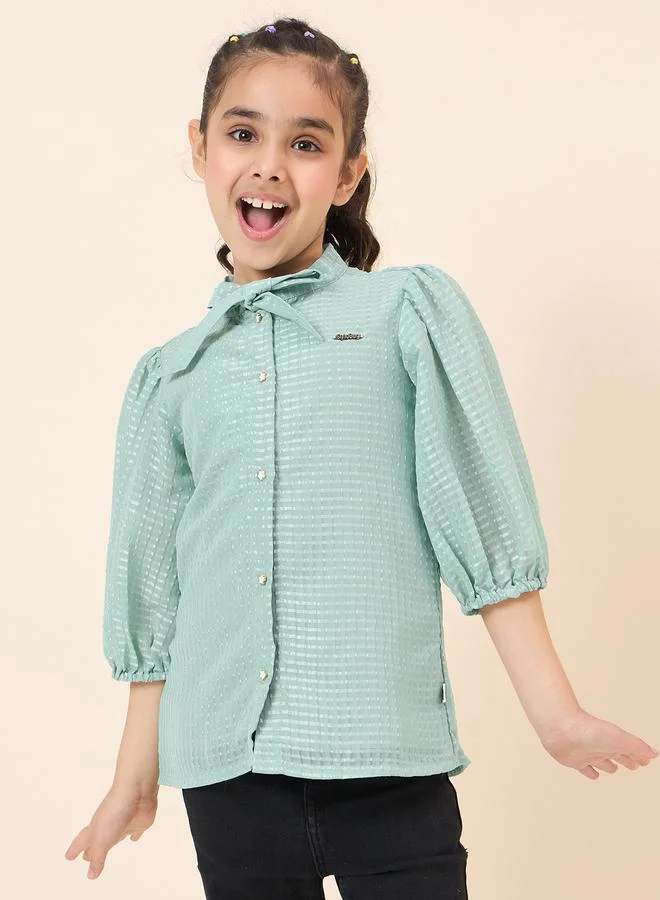 ستايلو بج Girls Green Self-Design High-Neck 3/4 Bishop Sleeve Top