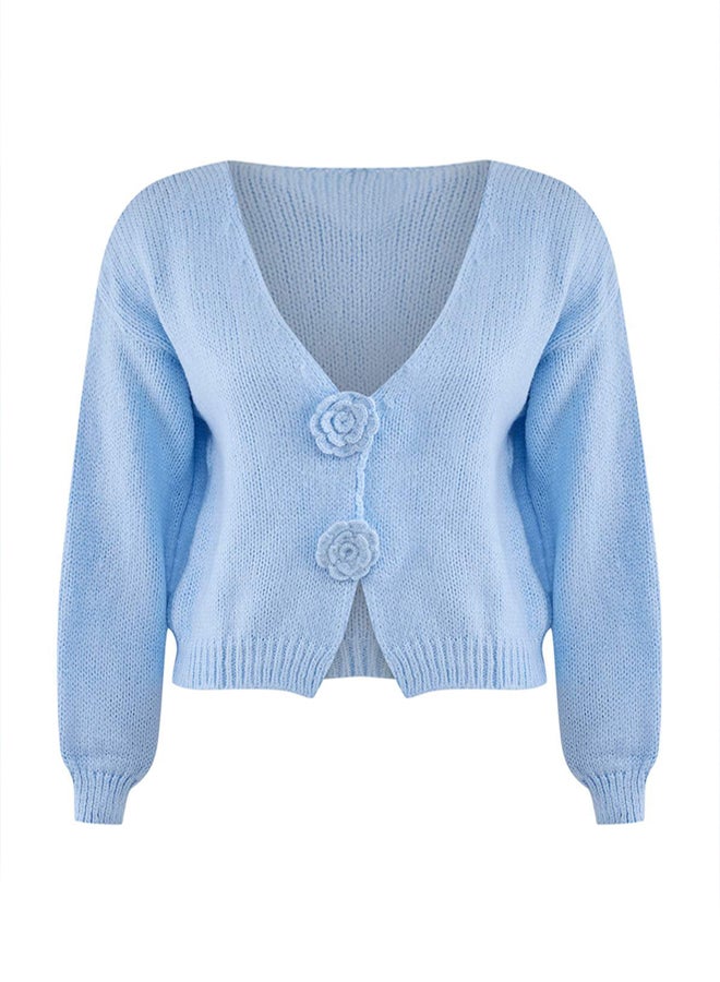 trendyol Light Blue Rose Detailed Knitwear Soft Textured Cardigan - Image 5