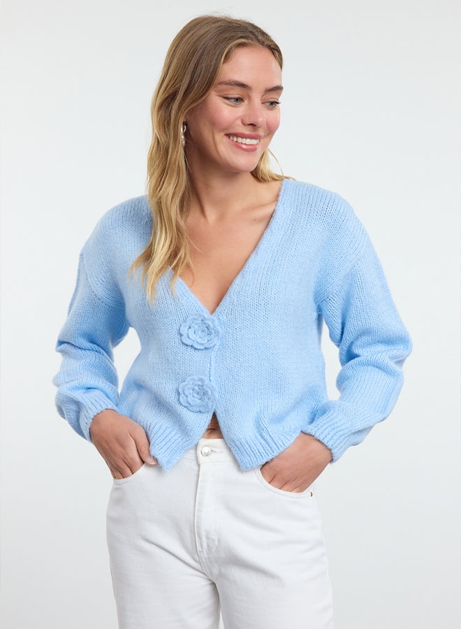 trendyol Light Blue Rose Detailed Knitwear Soft Textured Cardigan - Image 1