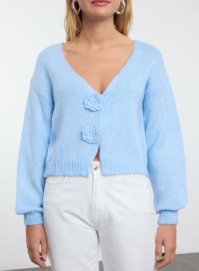trendyol Light Blue Rose Detailed Knitwear Soft Textured Cardigan - Image 3