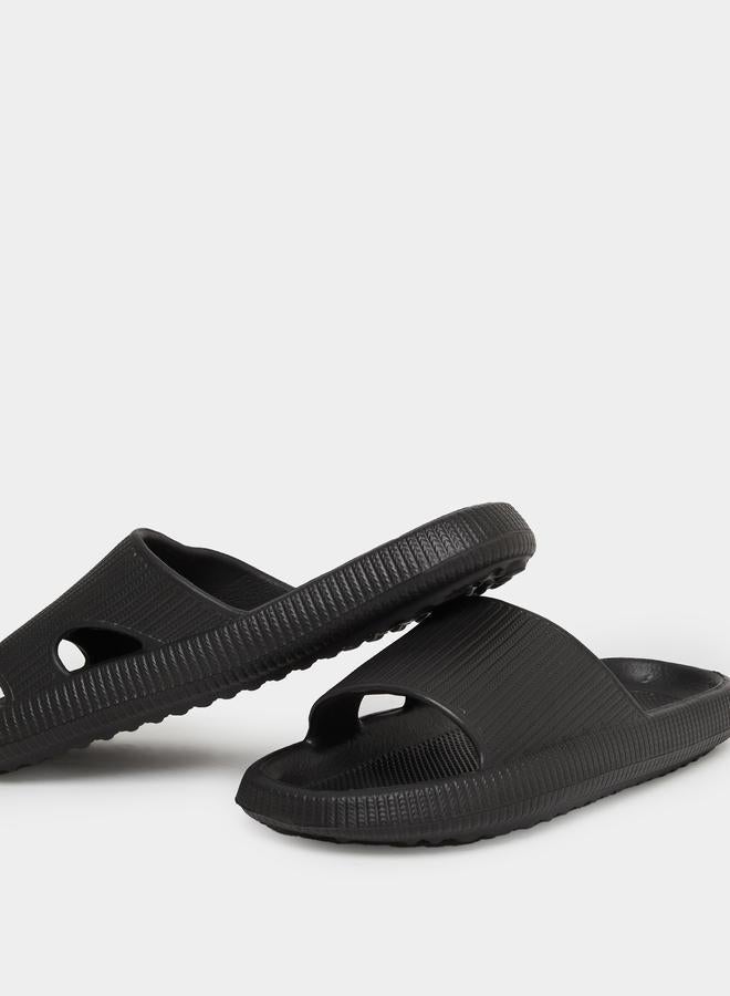 Styli Black Textured Comfort Slides - Image 4