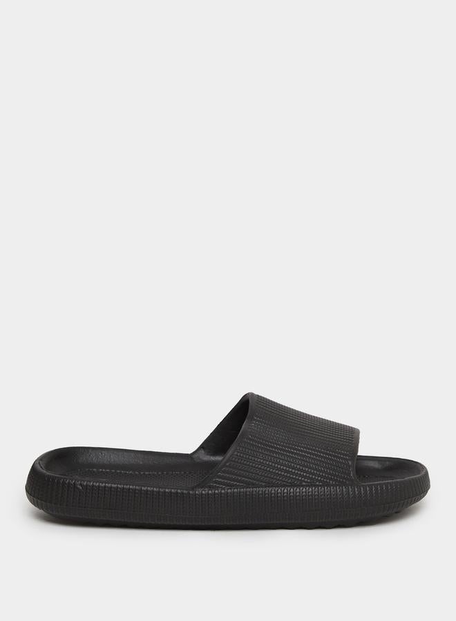 Styli Black Textured Comfort Slides - Image 1