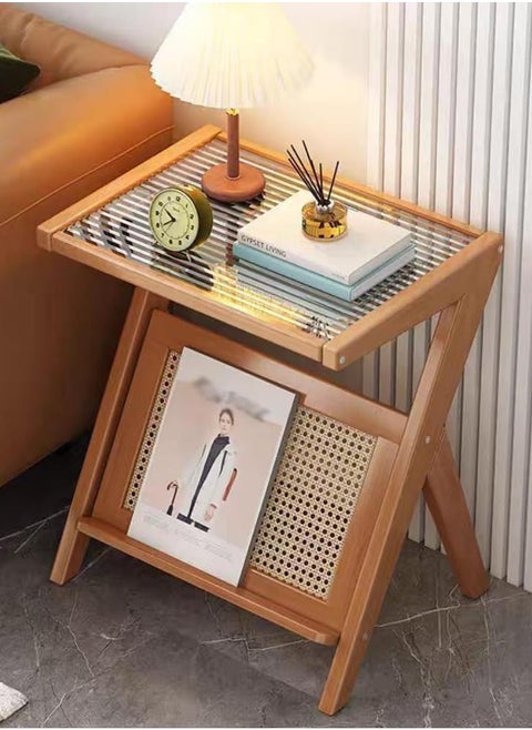 FFD Bamboo and Rattan Harmony Modern Z-Shaped Nightstand with Glass Top - Ideal for Small Spaces