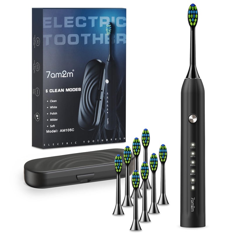 7AM2M Sonic Electric Toothbrush for Adults and Kids, with 8 Brush Heads and Travel Case,5 Modes with 2 Minutes Built in Smart Timer, One Charge Use for 90 Days, Rechargeable Toothbrushes(Black) - Image 1