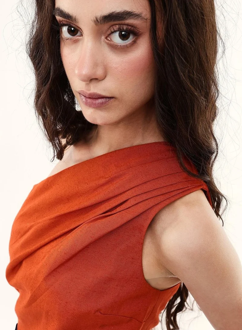دينيس لينغو Women Rust Cotton Blend Solid Blouse Slim Tops