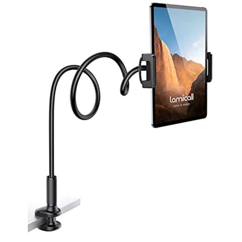 حامل تثبيت الكمبيوتر اللوحي Gooseneck للسرير - مشبك ذراع مرن من الألومنيوم للسرير، أسود، يدعم 4.7-11 جهازًا بما في ذلك iPad Mini 7.9، Air 9.7، Pro 10.5، Kindle، Switch، Galaxy Tabs - Image 1