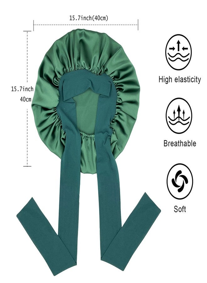 جيلي قبعة ساتان، قبعة حريرية، قبعة شعر للنوم، قبعات كبيرة برباط، غطاء رأس بأشرطة قابلة للتعديل، قبعة نوم ليلية للنساء، شعر مجعد مضفر (أسود، أخضر غامق) - Image 3