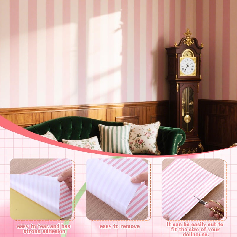 Flutesan 3 Pcs Miniature Dollhouse Wallpaper and Flooring Peel and Stick 1:12 Scale Self Adhesive Doll House Wallpaper DIY Mini Dollhouse Accessories 8.27 x 11.69 Inch(Pink Stripe) - Image 3