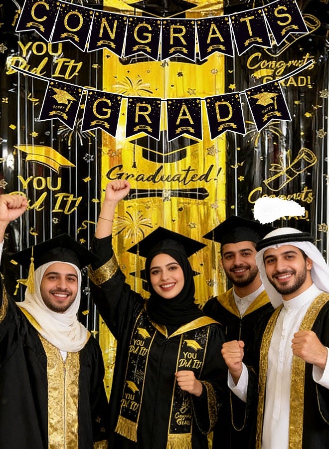 Realfrog 2026 Graduation Party Decorations Set - Black & Gold Congrats Grad Banner, Tinsel Curtain, Table Centerpieces & Hanging Swirls, Complete Graduation Party Supplies for Class of 2026 - Image 3