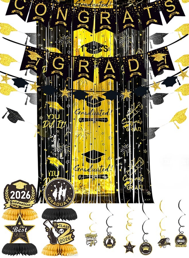 Realfrog 2026 Graduation Party Decorations Set - Black & Gold Congrats Grad Banner, Tinsel Curtain, Table Centerpieces & Hanging Swirls, Complete Graduation Party Supplies for Class of 2026 - Image 1
