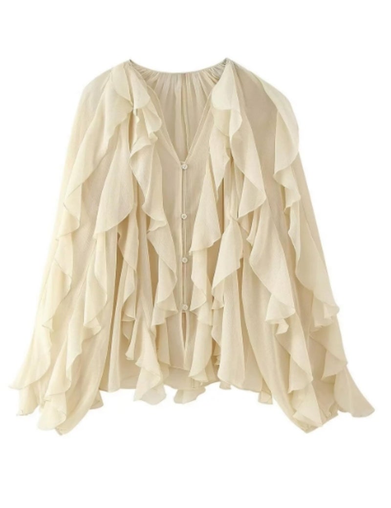HangNiFang Ruffled Multi-Layered Summer Blouse for Women Trendy Semi See Through V-Neck Long Sleeve Button Chiffon Shirt Tops(1269-Beige-S) - Image 1
