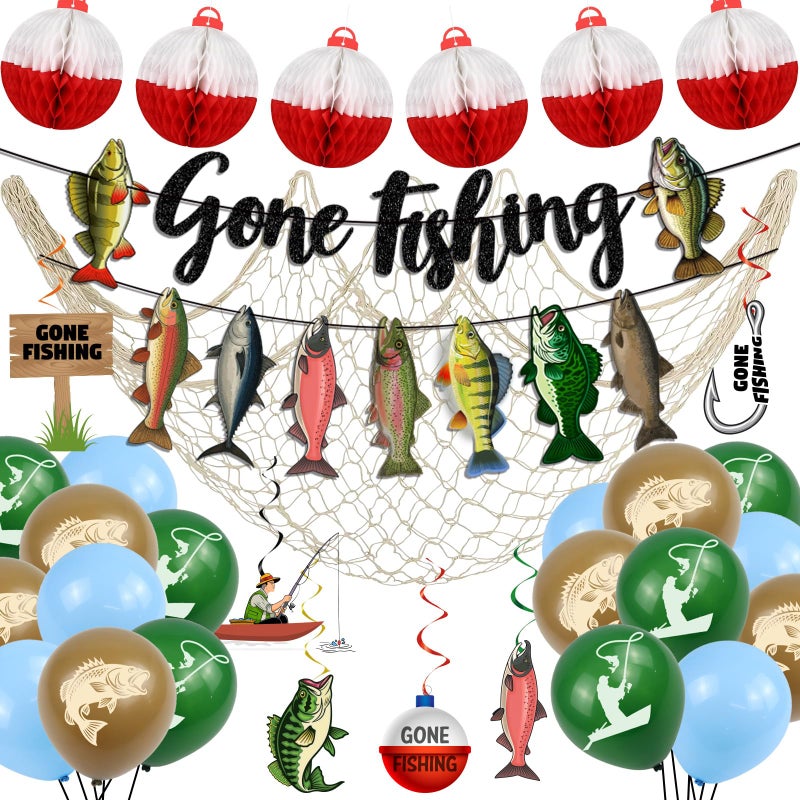 Dadoudou Fishing Birthday Party Decorations, Gone Fishing Themed Banner Fish Net Decor Garland Honeycomb Balloons - Image 1