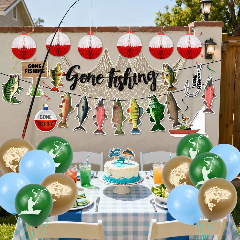 Dadoudou Fishing Birthday Party Decorations, Gone Fishing Themed Banner Fish Net Decor Garland Honeycomb Balloons - Image 4