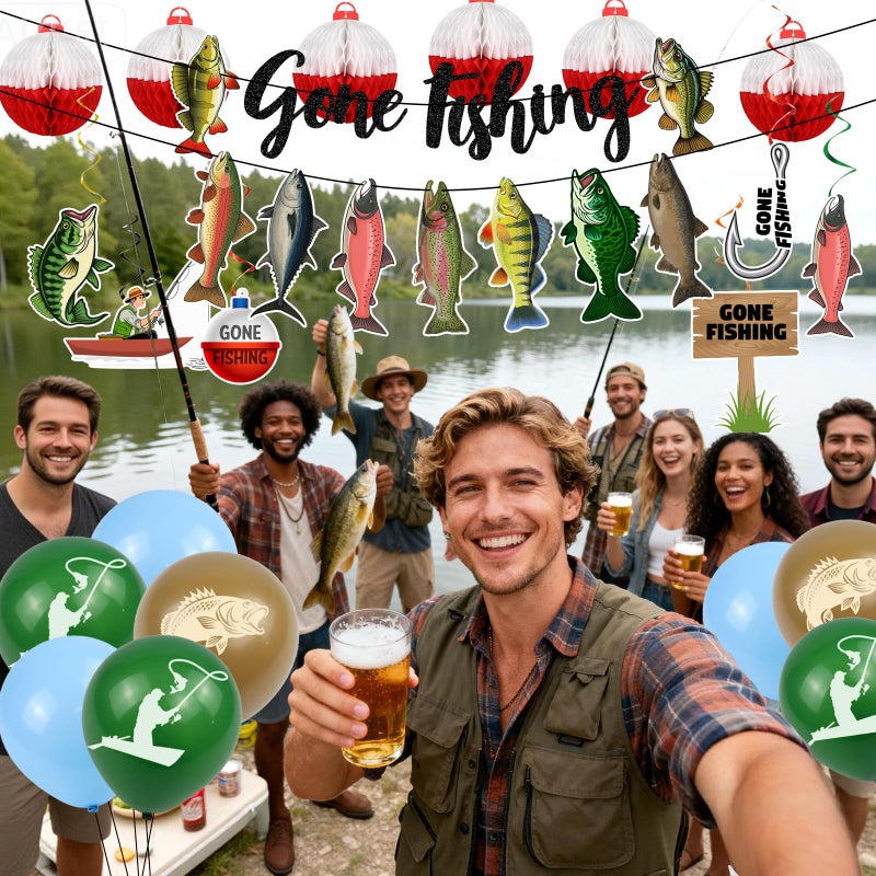 Dadoudou Fishing Birthday Party Decorations, Gone Fishing Themed Banner Fish Net Decor Garland Honeycomb Balloons - Image 5