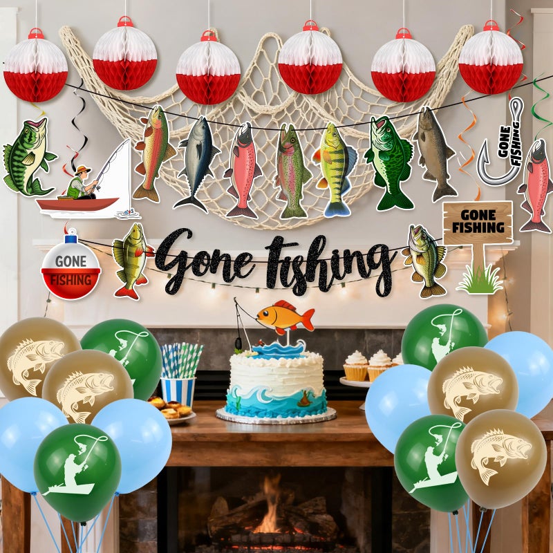 Dadoudou Fishing Birthday Party Decorations, Gone Fishing Themed Banner Fish Net Decor Garland Honeycomb Balloons - Image 2