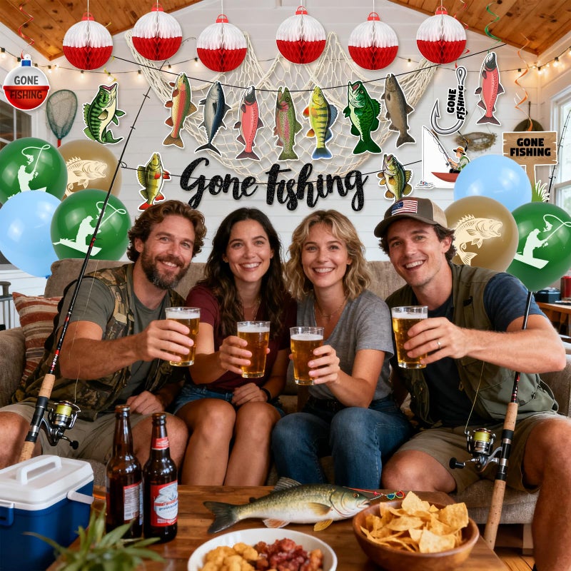 Dadoudou Fishing Birthday Party Decorations, Gone Fishing Themed Banner Fish Net Decor Garland Honeycomb Balloons - Image 3