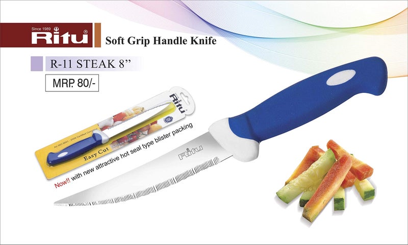 RITU Stainless Steel Steak Kitchen Knife 8 inch | Sharp Blade for Effortless Cutting | Soft Grip New Handle | Rust -Resistant & Durable | Perfect for Home Cooking, Chopping & Slicing | Blue | 205MM - Image 3