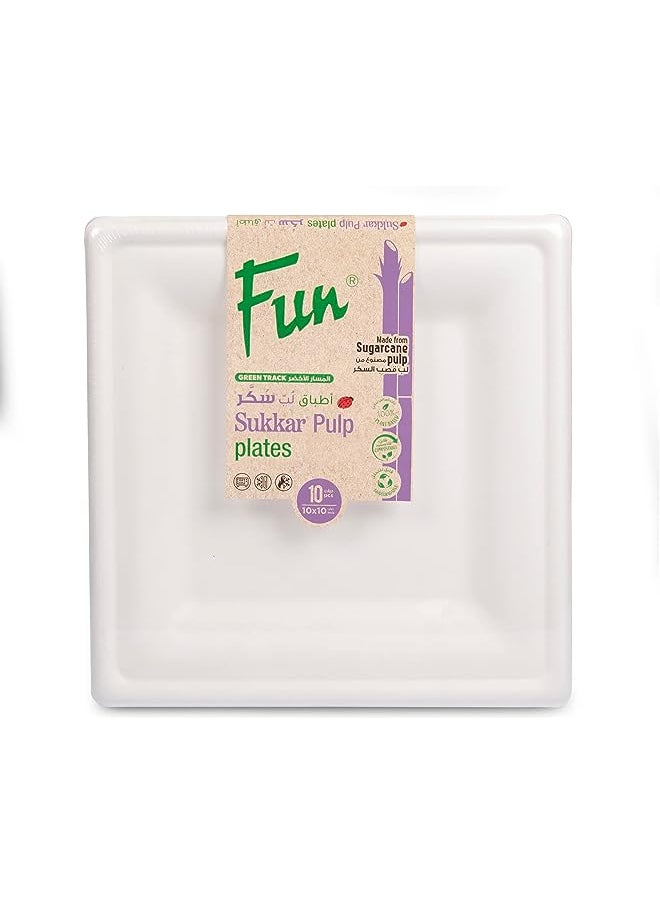Fun Sukkar Pulp Square Plate 10x10 inch Eco-Friendly Disposable Dinnerware white plate for party, Camping,Compostable,Recyclable and biodegradable Picnic Plates (Pack of 10)  - Image 1