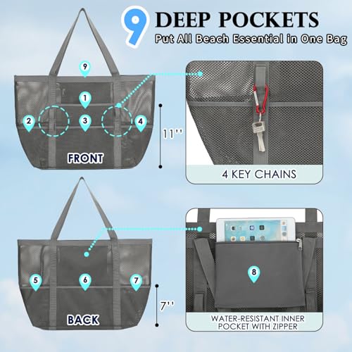 Fammart Mesh Beach Bag, Large Beach Tote with Zipper Pocket, Toys Pool Bag for Family Travel Vacation Cruise Essentials, Large - Dark Grey - Image 4