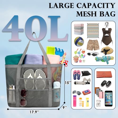 Fammart Mesh Beach Bag, Large Beach Tote with Zipper Pocket, Toys Pool Bag for Family Travel Vacation Cruise Essentials, Large - Dark Grey - Image 5