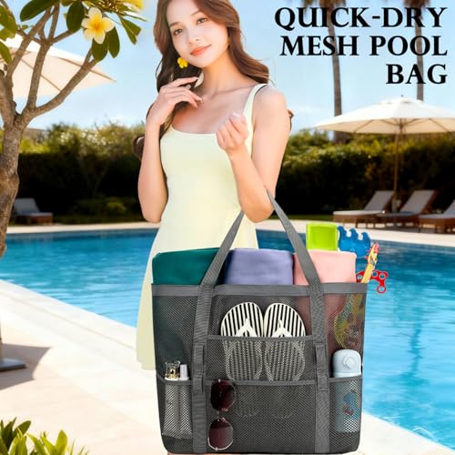 Fammart Mesh Beach Bag, Large Beach Tote with Zipper Pocket, Toys Pool Bag for Family Travel Vacation Cruise Essentials, Large - Dark Grey - Image 2