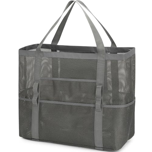 Fammart Mesh Beach Bag, Large Beach Tote with Zipper Pocket, Toys Pool Bag for Family Travel Vacation Cruise Essentials, Large - Dark Grey - Image 1