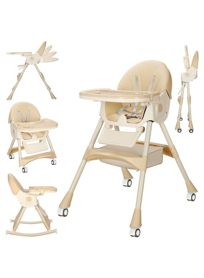 Apexll 5 in 1 Baby High Chair, Convertible Highchair for Babies and Toddlers, Adjustable Recline and Tray, Foldable Design with Wheels, PU Cushion, Easy to Clean, Suitable for 0 to 5 Years  - Image 1