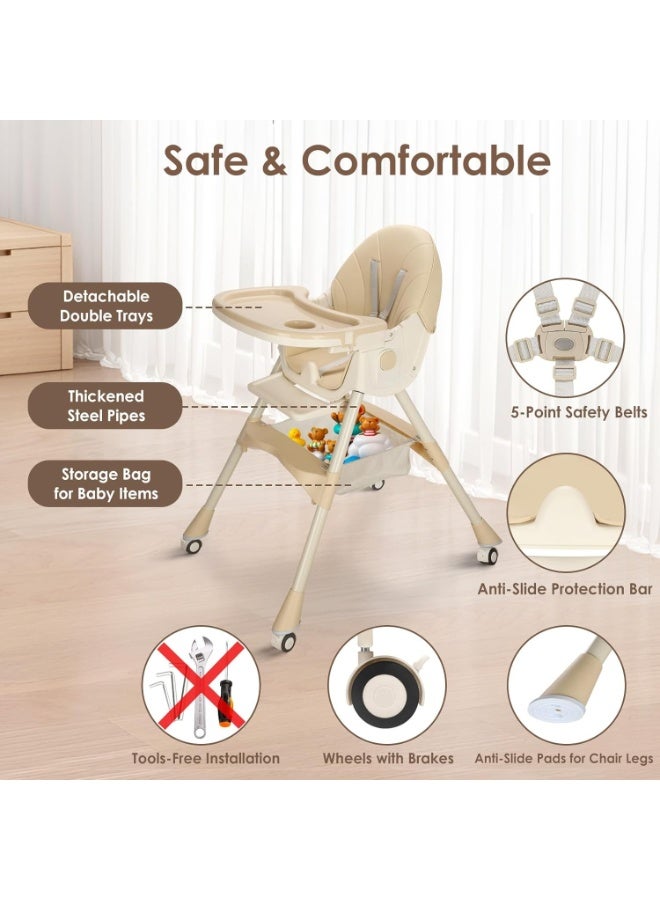 Apexll 5 in 1 Baby High Chair, Convertible Highchair for Babies and Toddlers, Adjustable Recline and Tray, Foldable Design with Wheels, PU Cushion, Easy to Clean, Suitable for 0 to 5 Years  - Image 4
