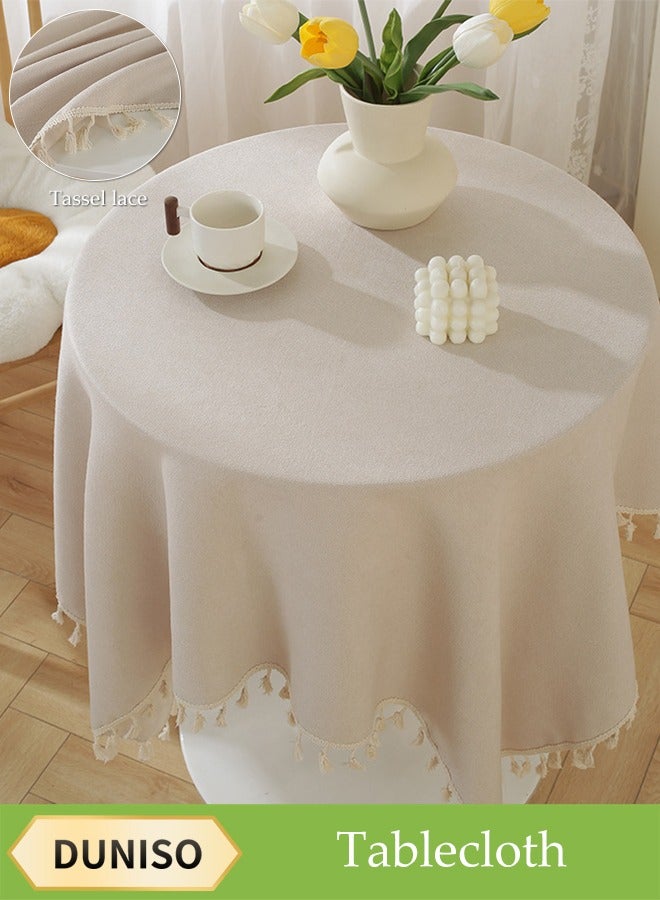 DUNISO Solid Color Tassel Edge Tablecloth, Wear-Resistant, Dust-Proof And High Temperature Resistant, Suitable For Kitchen, Restaurant, Home, Terrace, Camping, Study, 140cm*160cm, Light Beige  - Image 1